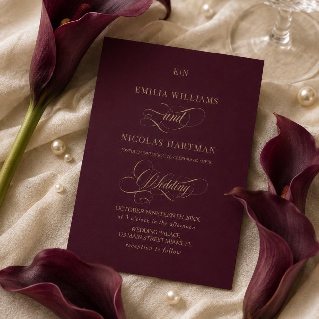 Burgundy Gold Monogram Wedding Invitation (Creator Uploaded)