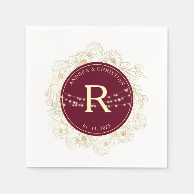 Burgundy Gold Monogram Wedding Napkins (Front)