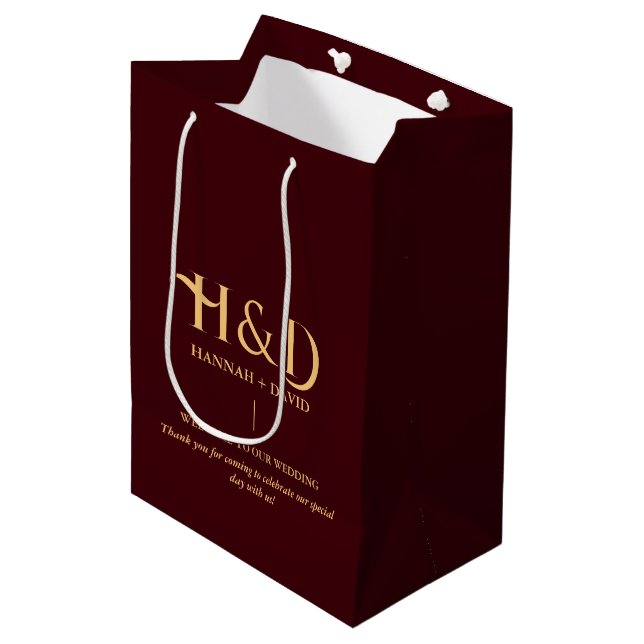 Burgundy & Gold Monogram Wedding Welcome Guest  Medium Gift Bag (Front Angled)