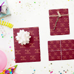 Burgundy gold name script wrapping paper<br><div class="desc">Burgundy background colour,  golden text. 
Personalize and add a name and age. Handwritten style script.</div>