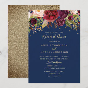 Burgundy Gold Navy Floral Rehearsal Dinner Invitation
