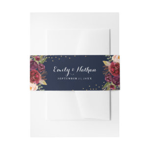 Burgundy Gold Navy Floral Wedding Belly Band Invitation Belly Band