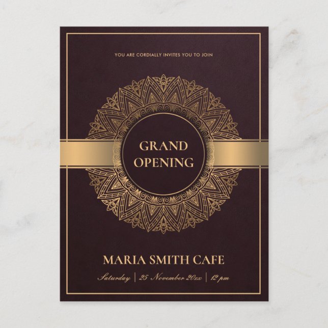 BURGUNDY GOLD ORNATE MANDALA GRAND OPENING INVITE POSTCARD (Front)