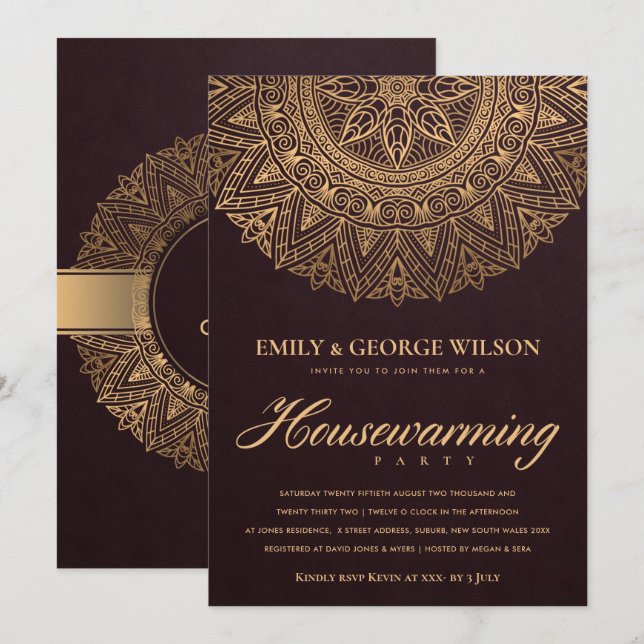 BURGUNDY GOLD ORNATE MANDALA HOUSEWARMING PARTY INVITATION (Front/Back)