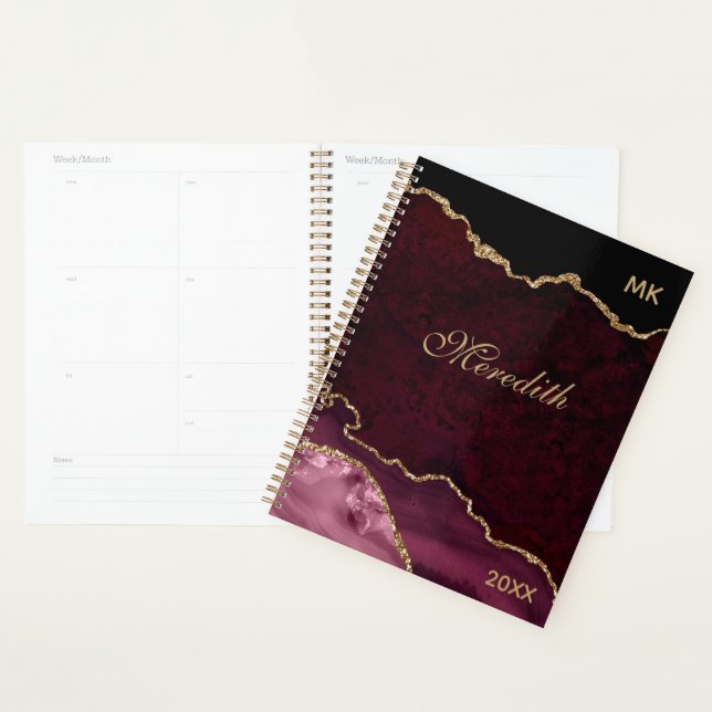 Burgundy Gold Parties scintillant Agate Planner pe (Devant avec enveloppe)
