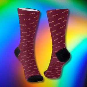 Burgundy Gold Personalized Name Socks Custom Text