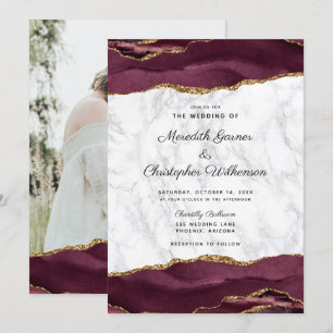 Burgundy Gold Photo Agate Marble Wedding Invitation
