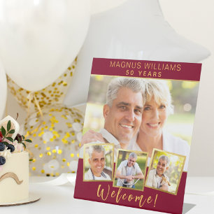 Burgundy gold photo collage birthday party welcome pedestal sign