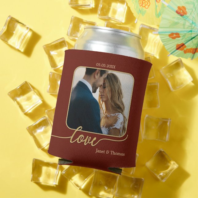Burgundy Gold Photo Wedding Can Cooler (In Situ Summer)
