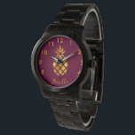 Burgundy gold pineapple name tropical watch<br><div class="desc">Elegant,  modern faux gold pineapple on a chic girly burgundy background colour. Template for your name,  golden curved letters.  The name is written with a trendy hand lettered style script. Golden numbers from 8 to 4.</div>