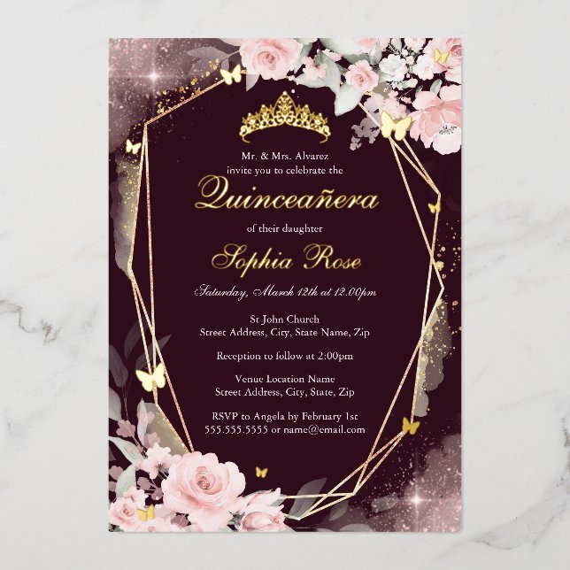 Burgundy Gold Pink Butterfly Floral Quinceanera (Front)