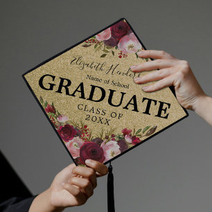 Burgundy Gold Pink Floral Graduation 2025 Cap Topper
