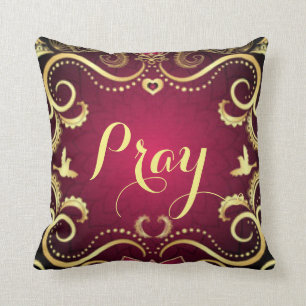 Burgundy Gold Pray Pattern Print Design Throw Pillow