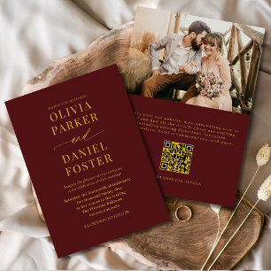 Burgundy Gold QR Code Classic Photo Wedding Invitation