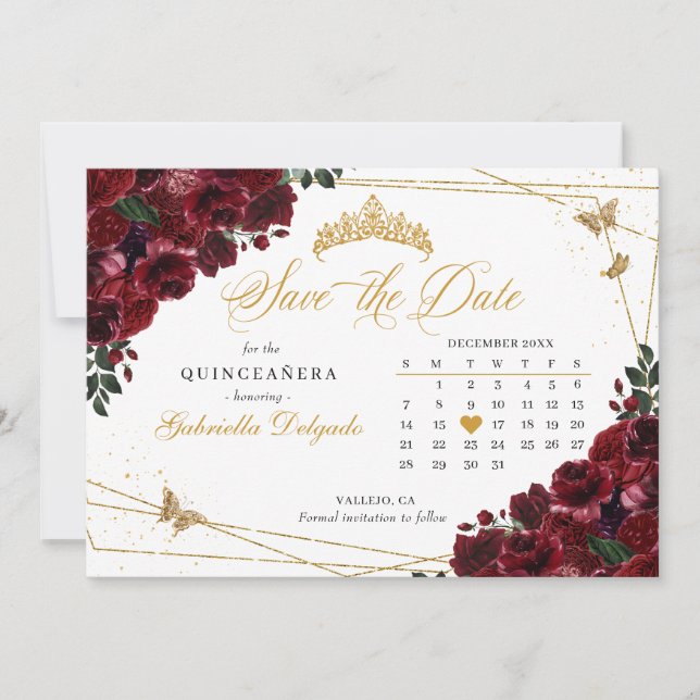 Burgundy & Gold Quinceañera Save The Date Invitation (Front)