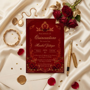 Burgundy gold Quinceañera with red roses Invitation