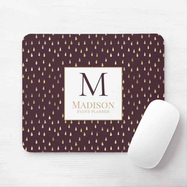 Burgundy Gold Raindrop Modern Trendy Monogram Mouse Pad (With Mouse)