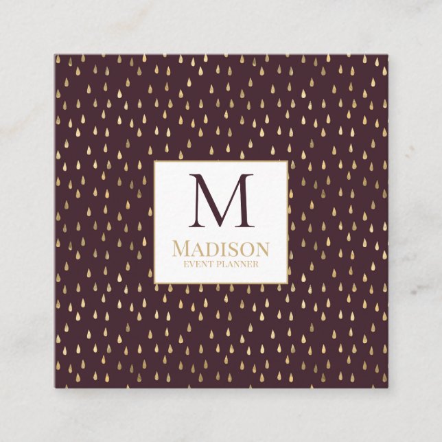 Burgundy Gold Raindrop Modern Trendy Monogram Square Business Card (Front)