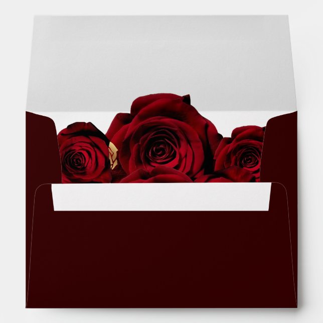  Burgundy Gold Red Roses Wedding Envelope (Back (Bottom))