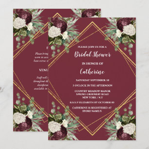 Burgundy gold rose botanical floral bloom invitation
