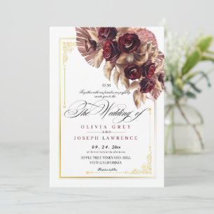  Burgundy Gold Rose Floral Boho Rustic Wedding Invitation