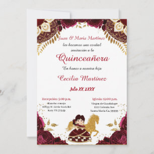 Burgundy Gold Roses Horse Charra Quinceañera invit
