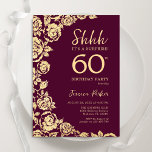 Burgundy Gold Roses Surprise 60th Birthday Invitation<br><div class="desc">Burgundy gold floral surprise 60th birthday party invitation. Elegant design featuring roses,  faux gold foil and typography script font. Trendy invite card perfect for a stylish female bday celebration. Can be customized to any age. Printed Zazzle invitations or instant download digital printable template.</div>