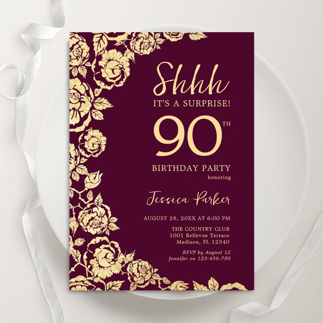Burgundy Gold Roses Surprise 90th Birthday Invitation (Creator Uploaded)