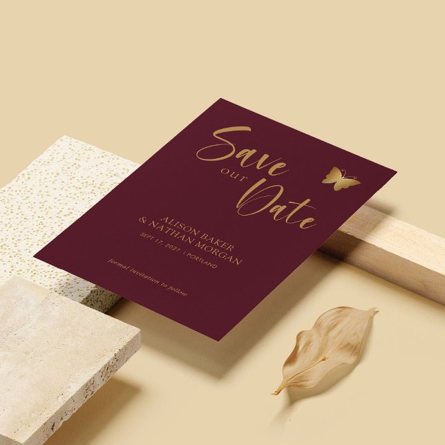Burgundy & Gold Script: Glitter Butterfly Wedding  Save The Date (Personalized Burgundy & Gold Script: Glitter Butterfly Wedding Save The Date)