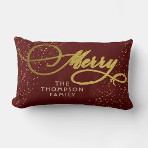 Burgundy Gold Script Merry Bright Family Christmas Lumbar Pillow