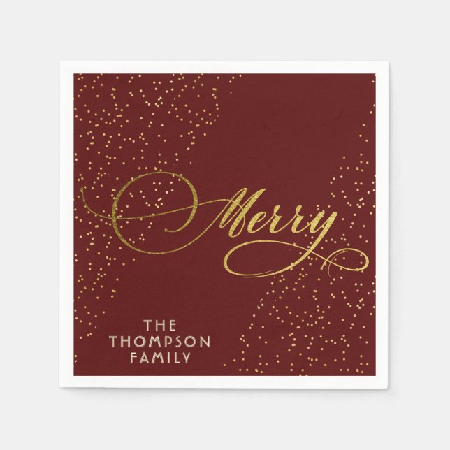 Burgundy Gold Script Merry Bright Family Christmas Napkin (Front)