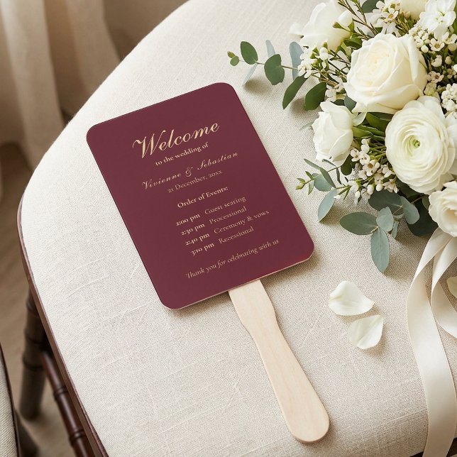 Burgundy Gold Script Minimalist Wedding Ceremony Hand Fan (Burgundy Gold Script Minimalist Wedding Ceremony Hand Fan)