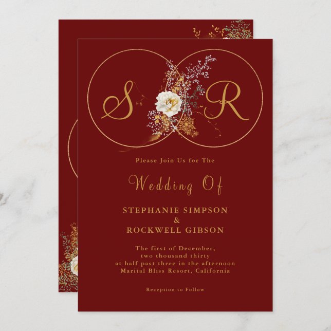 Burgundy Gold Script Monogram Wedding  Invitation (Front/Back)