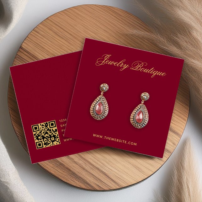 Burgundy Gold Script QR Code Earring Display Card (Creator Uploaded)