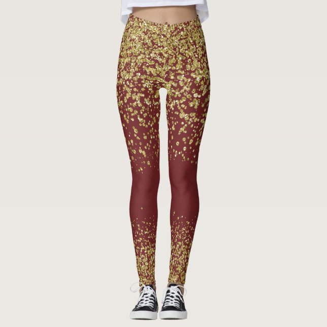 Burgundy & Gold Shiny Leggings (Front)