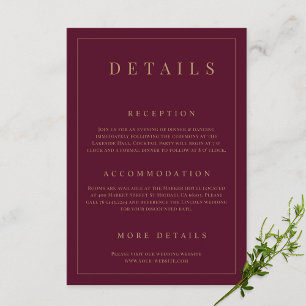 Burgundy & Gold Simple Formal Wedding Details  Enclosure Card