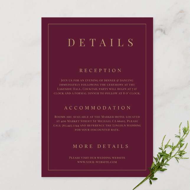 Burgundy & Gold Simple Formal Wedding Details  Enclosure Card (Creator Uploaded)
