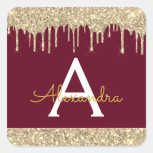 Burgundy Gold Sparkle Glitter Monogram Square Sticker