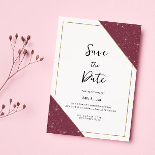 Burgundy gold sparkle glitter Save the Date Invitation
