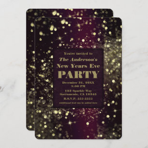 Burgundy Gold Sparkling Lights New Years Eve Party Invitation