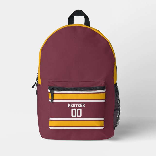 Burgundy & Gold Sports Striped Jersey Team Name Printed Backpack (Front)