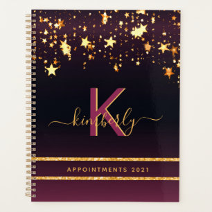 Burgundy gold stars black glitter monogram 2025 planner