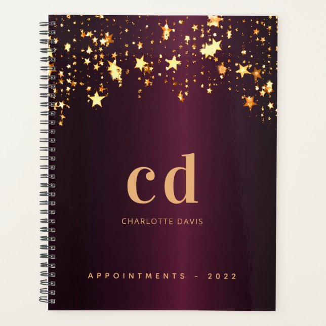 Burgundy gold stars monogram 2025 planner (Front)
