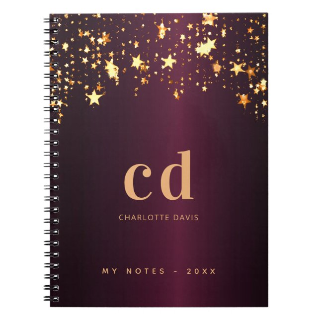 Burgundy gold stars monogram initials luxury  notebook (Front)