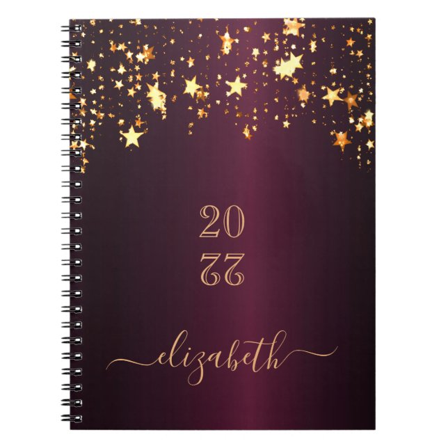Burgundy gold stars monogram name  notebook (Front)