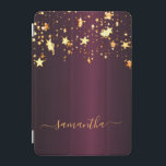 Burgundy gold stars name glamourous iPad mini cover<br><div class="desc">A dark burgundy faux metallic looking background with dripping faux gold stars. Personalize and add a name. The name is written with a golden, modern hand lettered style script with swashes. To keep the swashes only delete the sample name, leave the spaces or emoji's in front and after the name...</div>