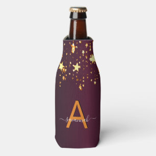 Burgundy gold stars party monogram name bottle cooler