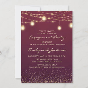 Burgundy Gold String Lights Engagement Party Invitation
