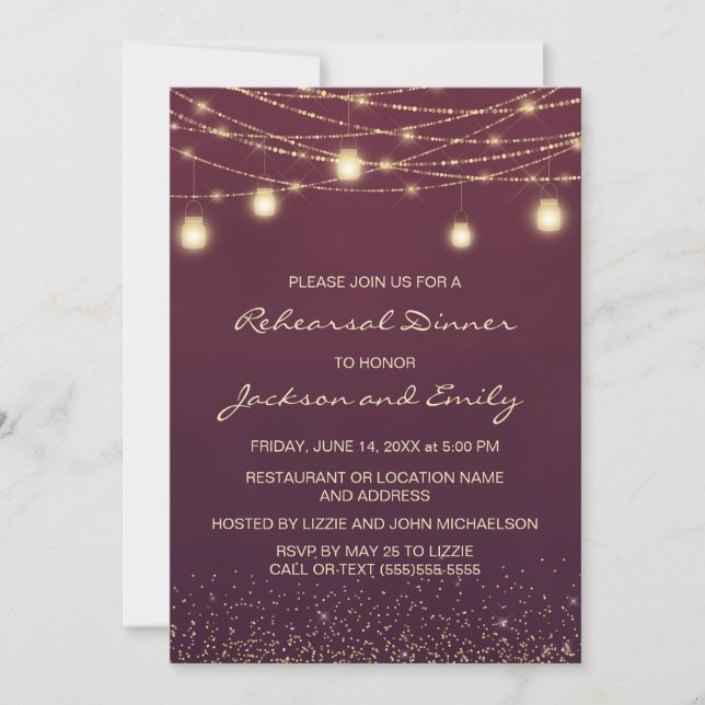 Burgundy Gold String Lights Rehearsal Dinner Invitation (Front)