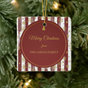 Burgundy Gold Stripe Christmas Ceramic Ornament